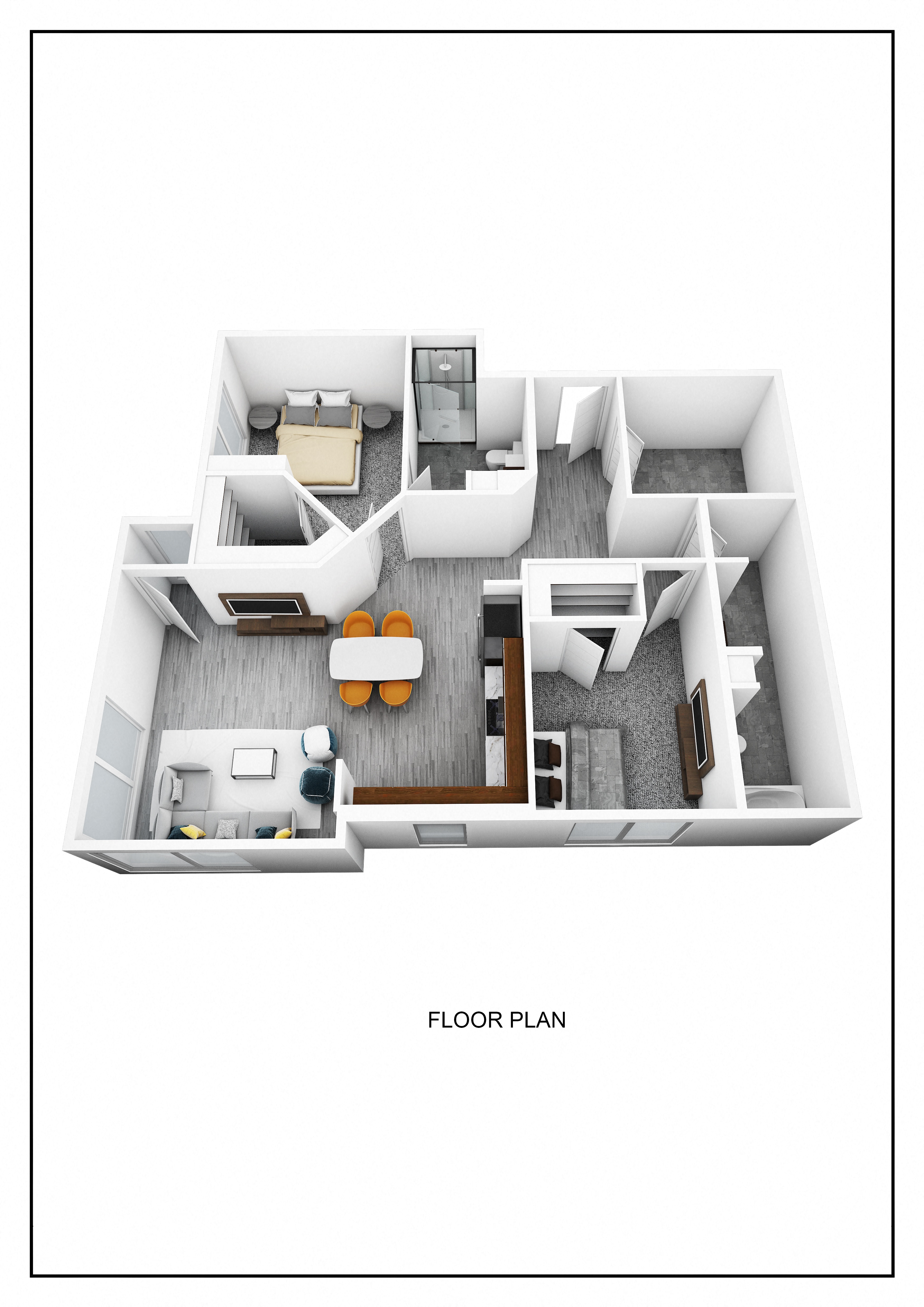 Floor plan for 2 beds, 2 baths, 965 sqft